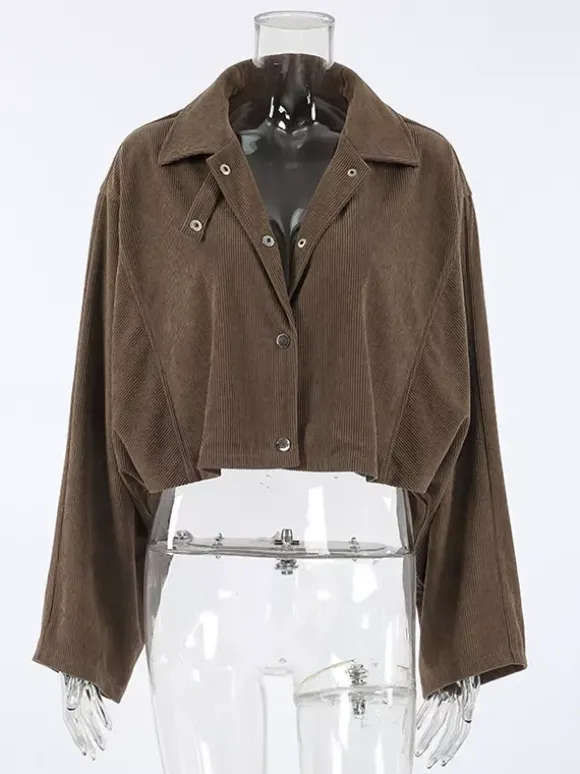 Brown Corduroy Women's Cropped Jacket - Oversized Utility Top - Maillard Style Streetwear Casual Daily Outfits 2026