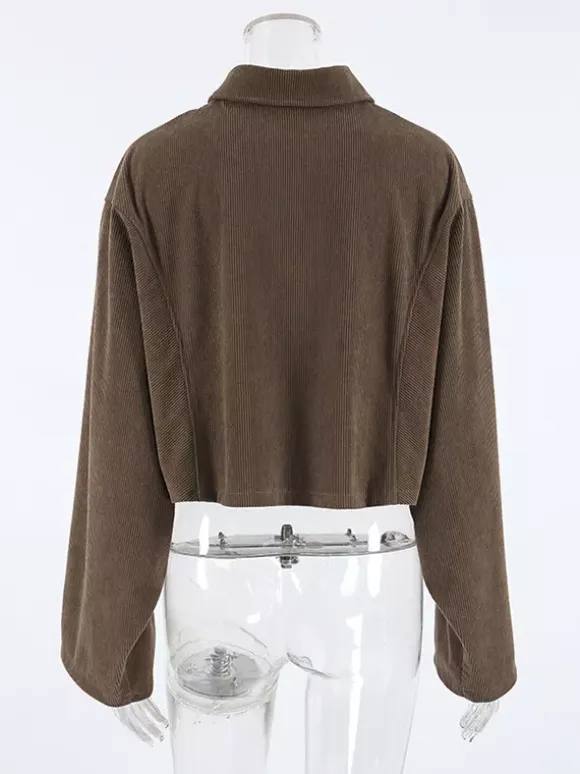 Brown Corduroy Women's Cropped Jacket - Oversized Utility Top - Maillard Style Streetwear Casual Daily Outfits 2026