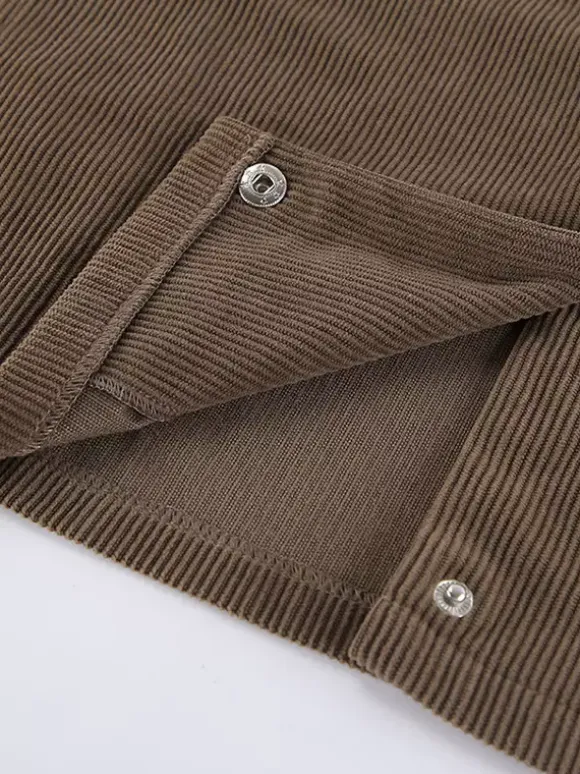 Brown Corduroy Women's Cropped Jacket - Oversized Utility Top - Maillard Style Streetwear Casual Daily Outfits 2026