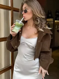 Brown Corduroy Women's Cropped Jacket - Oversized Utility Top - Maillard Style Streetwear Casual Daily Outfits 2026