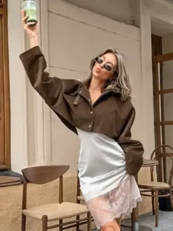 Brown Corduroy Women's Cropped Jacket - Oversized Utility Top - Maillard Style Streetwear Casual Daily Outfits 2026