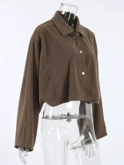 Brown Corduroy Women's Cropped Jacket - Oversized Utility Top - Maillard Style Streetwear Casual Daily Outfits 2026