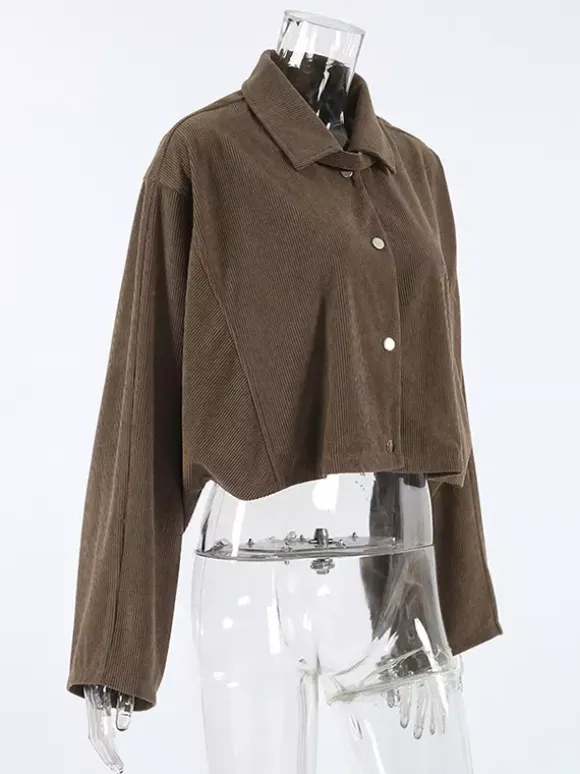 Brown Corduroy Women's Cropped Jacket - Oversized Utility Top - Maillard Style Streetwear Casual Daily Outfits 2026