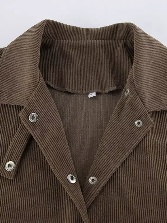 Brown Corduroy Women's Cropped Jacket - Oversized Utility Top - Maillard Style Streetwear Casual Daily Outfits 2026