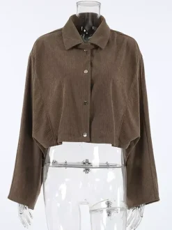 Brown Corduroy Women's Cropped Jacket - Oversized Utility Top - Maillard Style Streetwear Casual Daily Outfits 2026
