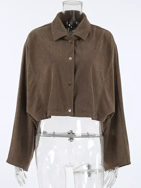 Brown Corduroy Women's Cropped Jacket - Oversized Utility Top - Maillard Style Streetwear Casual Daily Outfits 2026