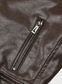 Brown Cropped Moto Leather Jacket Lapel Zip Belted Slim Biker Outerwear