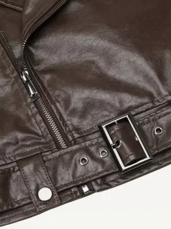 Brown Cropped Moto Leather Jacket Lapel Zip Belted Slim Biker Outerwear