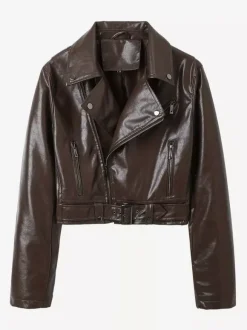 Brown Cropped Moto Leather Jacket Lapel Zip Belted Slim Biker Outerwear