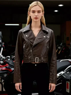 Brown Cropped Moto Leather Jacket Lapel Zip Belted Slim Biker Outerwear