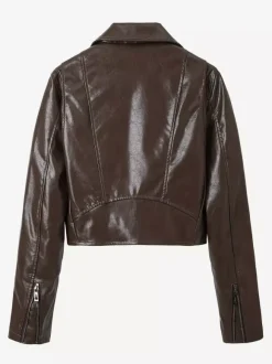 Brown Cropped Moto Leather Jacket Lapel Zip Belted Slim Biker Outerwear