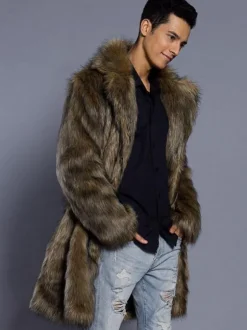 Brown Faux Fur Coat Men Overcoat Turndown Collar Long Sleeve Winter Coat