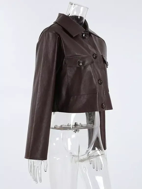 Brown Faux Leather Women's Cropped Jacket - Retro Lapel Button Up Boxy Fit Top - Street Casual Spring Outfits 2026