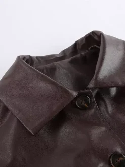 Brown Faux Leather Women's Cropped Jacket - Retro Lapel Button Up Boxy Fit Top - Street Casual Spring Outfits 2026
