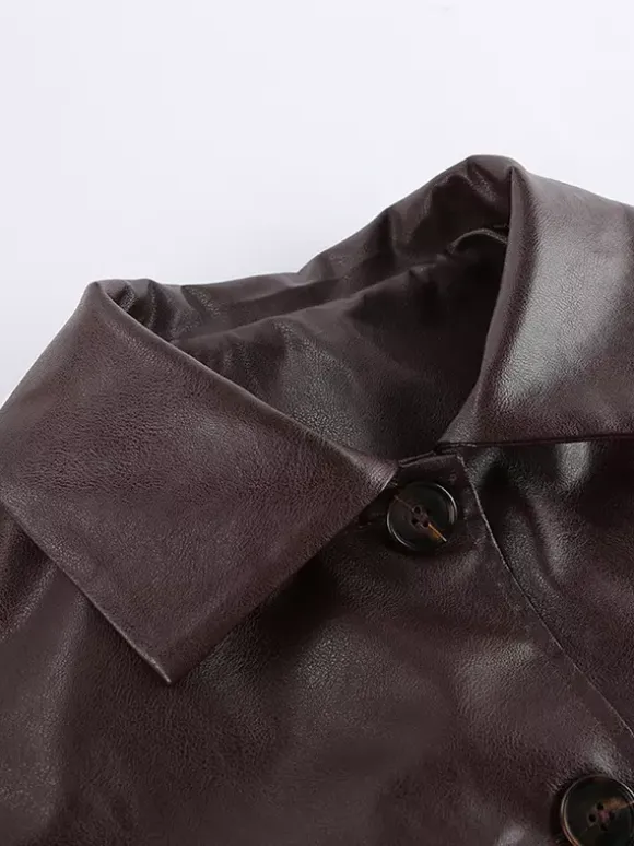 Brown Faux Leather Women's Cropped Jacket - Retro Lapel Button Up Boxy Fit Top - Street Casual Spring Outfits 2026