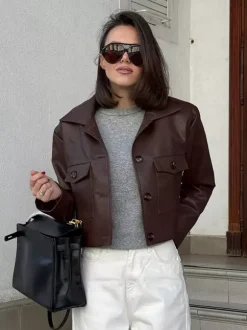 Brown Faux Leather Women's Cropped Jacket - Retro Lapel Button Up Boxy Fit Top - Street Casual Spring Outfits 2026