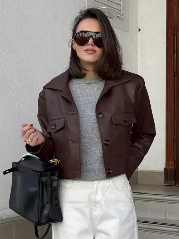 Brown Faux Leather Women's Cropped Jacket - Retro Lapel Button Up Boxy Fit Top - Street Casual Spring Outfits 2026