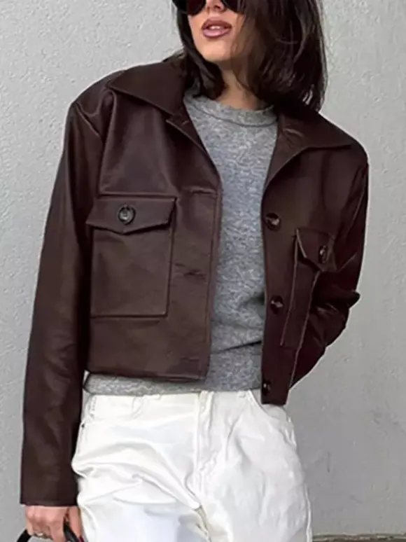 Brown Faux Leather Women's Cropped Jacket - Retro Lapel Button Up Boxy Fit Top - Street Casual Spring Outfits 2026