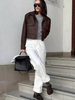 Brown Faux Leather Women's Cropped Jacket - Retro Lapel Button Up Boxy Fit Top - Street Casual Spring Outfits 2026