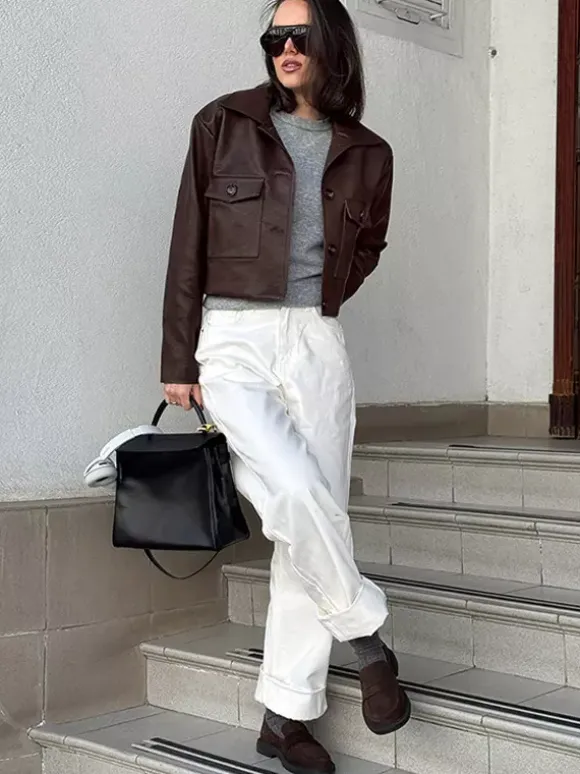 Brown Faux Leather Women's Cropped Jacket - Retro Lapel Button Up Boxy Fit Top - Street Casual Spring Outfits 2026