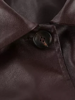 Brown Faux Leather Women's Cropped Jacket - Retro Lapel Button Up Boxy Fit Top - Street Casual Spring Outfits 2026