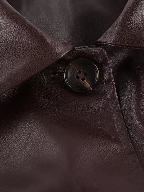 Brown Faux Leather Women's Cropped Jacket - Retro Lapel Button Up Boxy Fit Top - Street Casual Spring Outfits 2026