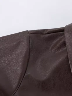 Brown Faux Leather Women's Cropped Jacket - Retro Lapel Button Up Boxy Fit Top - Street Casual Spring Outfits 2026