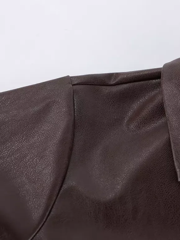 Brown Faux Leather Women's Cropped Jacket - Retro Lapel Button Up Boxy Fit Top - Street Casual Spring Outfits 2026