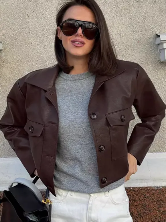 Brown Faux Leather Women's Cropped Jacket - Retro Lapel Button Up Boxy Fit Top - Street Casual Spring Outfits 2026