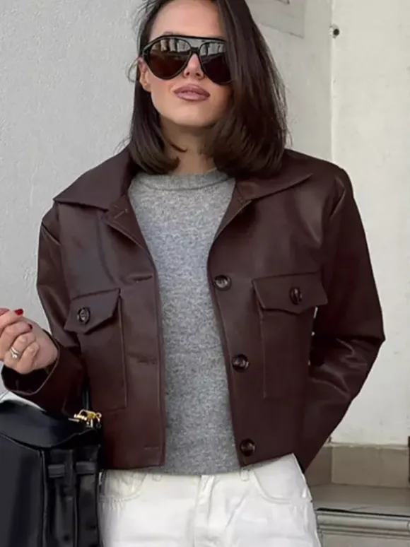Brown Faux Leather Women's Cropped Jacket - Retro Lapel Button Up Boxy Fit Top - Street Casual Spring Outfits 2026
