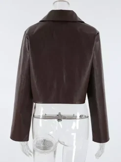 Brown Faux Leather Women's Cropped Jacket - Retro Lapel Button Up Boxy Fit Top - Street Casual Spring Outfits 2026
