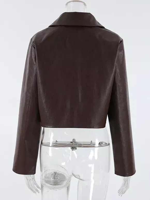 Brown Faux Leather Women's Cropped Jacket - Retro Lapel Button Up Boxy Fit Top - Street Casual Spring Outfits 2026