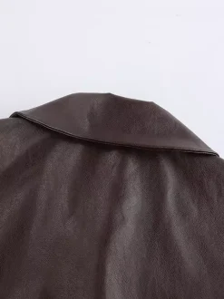 Brown Faux Leather Women's Cropped Jacket - Retro Lapel Button Up Boxy Fit Top - Street Casual Spring Outfits 2026