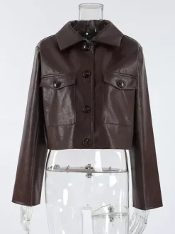 Brown Faux Leather Women's Cropped Jacket - Retro Lapel Button Up Boxy Fit Top - Street Casual Spring Outfits 2026