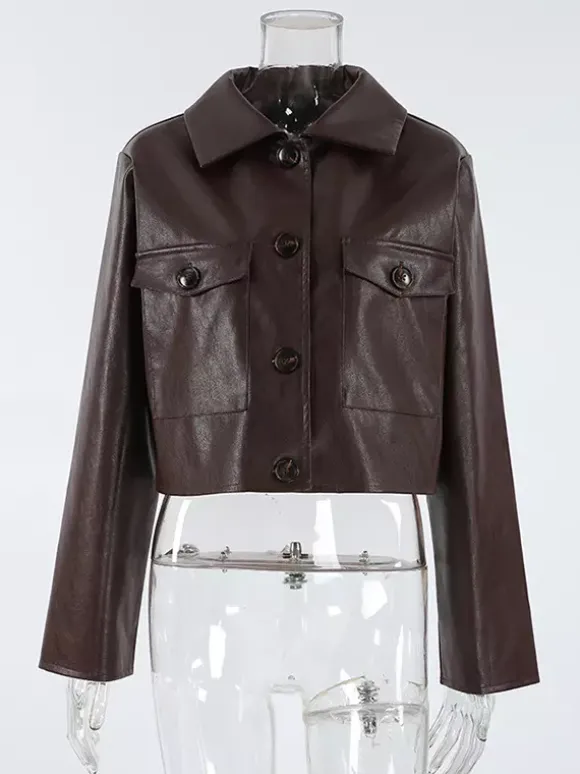 Brown Faux Leather Women's Cropped Jacket - Retro Lapel Button Up Boxy Fit Top - Street Casual Spring Outfits 2026