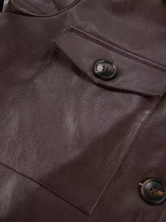 Brown Faux Leather Women's Cropped Jacket - Retro Lapel Button Up Boxy Fit Top - Street Casual Spring Outfits 2026
