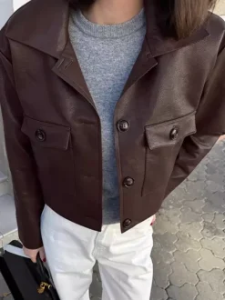 Brown Faux Leather Women's Cropped Jacket - Retro Lapel Button Up Boxy Fit Top - Street Casual Spring Outfits 2026