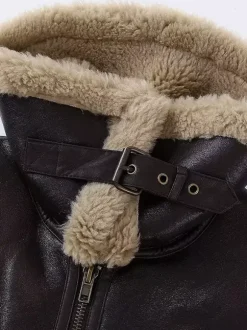 Brown Faux Shearling Lined Moto Jacket Wide Fluffy Collar Zip Cuff Short Biker Coat