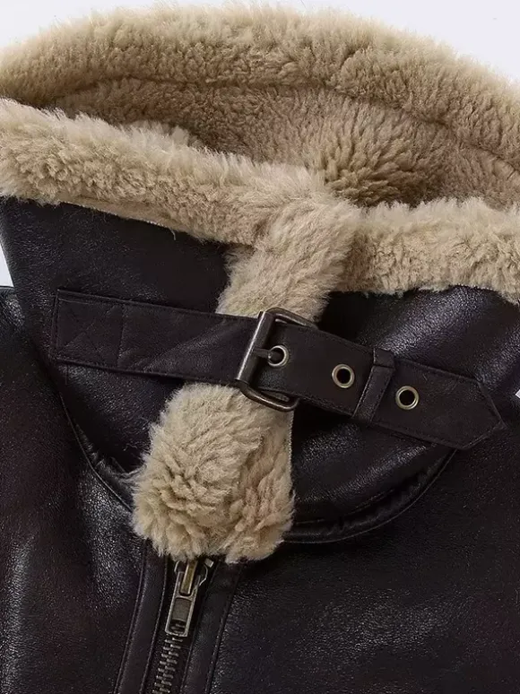 Brown Faux Shearling Lined Moto Jacket Wide Fluffy Collar Zip Cuff Short Biker Coat