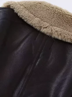 Brown Faux Shearling Lined Moto Jacket Wide Fluffy Collar Zip Cuff Short Biker Coat