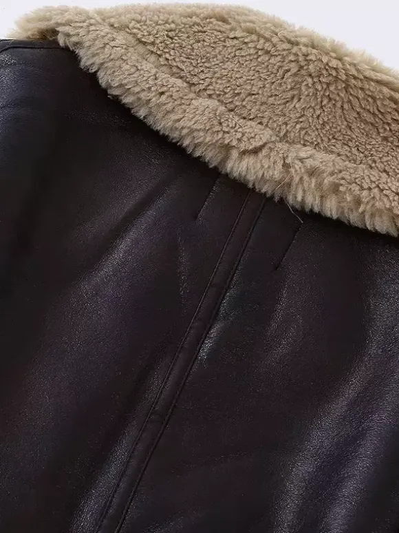Brown Faux Shearling Lined Moto Jacket Wide Fluffy Collar Zip Cuff Short Biker Coat