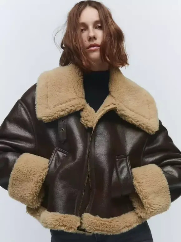 Brown Faux Shearling Lined Moto Jacket Wide Fluffy Collar Zip Cuff Short Biker Coat