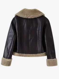 Brown Faux Shearling Lined Moto Jacket Wide Fluffy Collar Zip Cuff Short Biker Coat