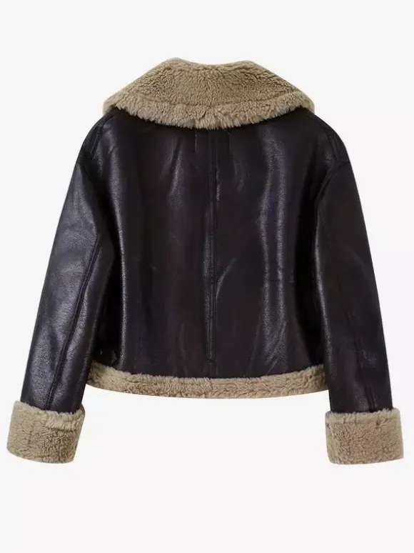 Brown Faux Shearling Lined Moto Jacket Wide Fluffy Collar Zip Cuff Short Biker Coat