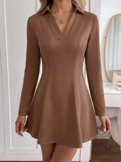 Brown Faux Suede Mini Dress Lapel Collar V Neck Long Sleeve Seamed Waist Flared Skirt Fall Dress