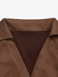Brown Faux Suede Mini Dress Lapel Collar V Neck Long Sleeve Seamed Waist Flared Skirt Fall Dress