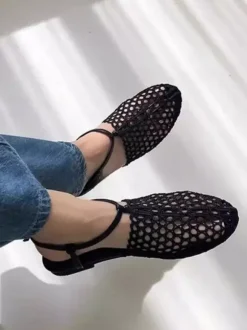 Brown Flat Sandals Round Toe Cut Out Lace Up Summer Flats