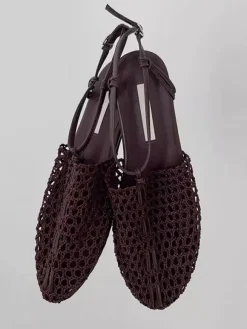 Brown Flat Sandals Round Toe Cut Out Lace Up Summer Flats