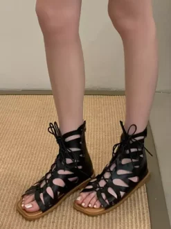 Brown Gladiator Sandals Open Toe Cut Out Lace Up Flat Sandal Shoes