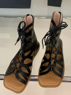 Brown Gladiator Sandals Open Toe Cut Out Lace Up Flat Sandal Shoes